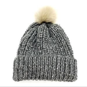 Knit Beanie Hat Rib Knit Gray Faux Fur‎ Pom Pom Unisex OS One Size Winter